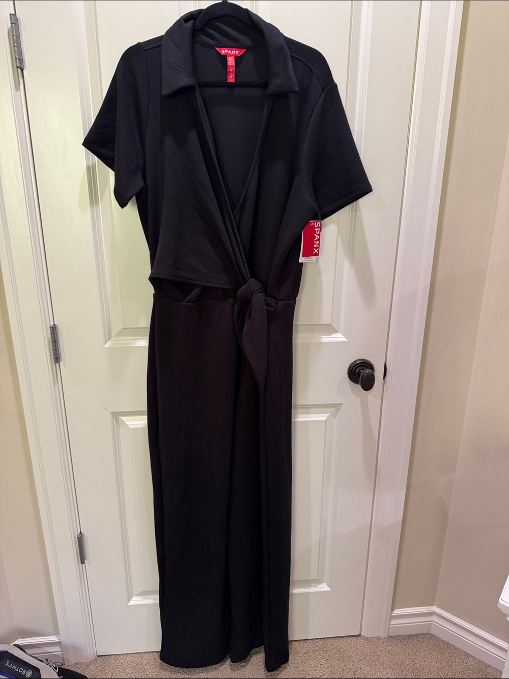 SPANX Black Short-Sleeve Wrap Jumpsuit with Self-Tie Waist- Air Essentials